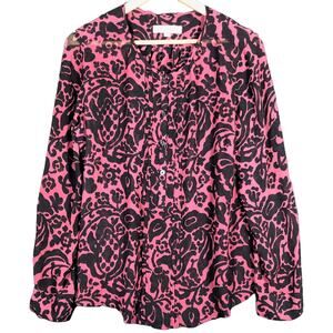 Ann Taylor  LOFT Womens Blouse Maroon Black Floral Long Sleeve Sheer Large